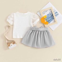 Clothing Sets Toddler Girl Clothes Summer Outfit Kids Baby Clothing Solid Flower Mesh Short Sleeve T-Shirts Pleated Skirts with Belt