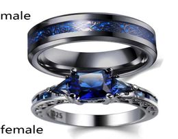 Sz612 TWO RINGS Couple Rings His Hers Blue Zircon Black Gold Filled Women039s Ring Dragon Pattern Stainless Steel Men039s1231296