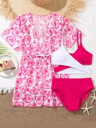 Girls 3pack Heart Print Cross Wrap High Waist Bikini Kids Swimsuit Kimono 7-12 Years Childrens Swimwear 2024 Teens Bathing Suit 240425