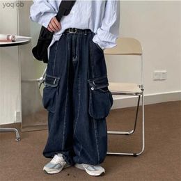 Jeans masculinos Jeans de carga folgada com bolsos grandes calças de calças de jeans largura de pernas largas