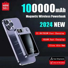 Cell Phone Power Banks Miniso 2024 new 100000mAh wireless magnetic Qi portable power pack C-type mini fast charger suitable for iPhone Samsung MaCsafe 240424