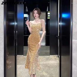 Casual Dresses Korean Women Sexy Backless Suspender Dress Designer Luxury Sparkling Sequins Vestidos Ladies V-neck Evening Party Long