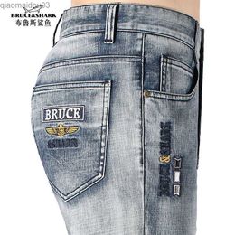 Men's Jeans 2023 Mens Jeans Winter Bruce and Shark Blue Mens Jeans Thick Fashion Casual Straight Leg Elastic Cotton Soft Loose Large 42L2404