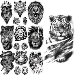 Tattoo Transfer Small Tiger Temporary Tattoos For Men Boys Realistic Lion Skull Snake Dagger Wolf Fake Tattoo Sticker Chest Leg Tatoos Creative 240426