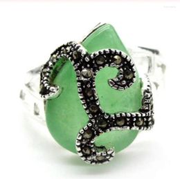 Cluster Rings 18 16mm RARE NATURAL GREEN Jade 925 SILVER MARCASITE DROP RING SIZE 7/8/9/10