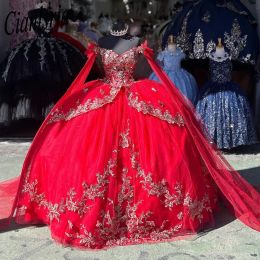 Red Mexican Quinceanera Dressess with Cape Luxury Butterfly Applique vestido 15 quinceaneras Corset Prom Lace Up