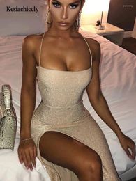 Casual Dresses Kesiachiccly Glitter Midi Dress Cut Out Slim Fit Ruched Zipper Halter Tie Up Elastic Backless Sexy Pink Woman Party Robe