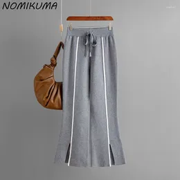 Women's Pants Nomikuma Knitted Split Flare Women Autumn Winter 2024 Trousers Causal Lace Up High Waist Hit Color Sweater Pant Mujer