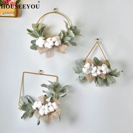 Decorative Figurines Artificial Cotton Wreaths Simulation Plants Cilected Wrought Wall Hanging Decoration Garland Wedding Home Floral Vine