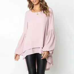 Women's T Shirts Fashion Irregular Hem Lantern Long Sleeve Design Pullover Tops Solid Color Loose Casual Round Neck Blouse