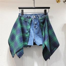 Women's Jeans SuperAen Blue Vintage Plaid Skirt Woman Korean 2024 Summer Style Button-up Panel