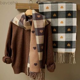 Shawls 2023 New Scarves Women Knitted Heart-pattern Plaid Lovey Girl Winter Scarf College Fashionable Leisure Shawl Wraps d240426