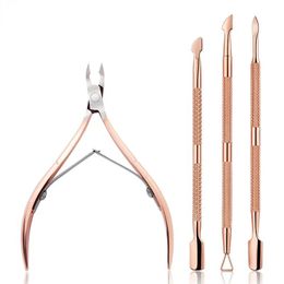 Stainless Steel Double Head Nail Art Dead Skin Pusher Cuticle Nipper Scissors Manicure Set Rose Gold UV Gel Remove 2/4Pcs/Set