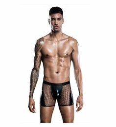 Sexy Men Mesh Shorts Leather Underwear Brief Boxer PVC Lingerie Seethrough Club Dance Wear Bodysuit Costume2170082