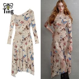 Casual Dresses Tingfly Designer Runway Fashion Butterfly Print Slash Neckline Party Night Dress Lady Chic Vintage Stretchy Elbise Mujer