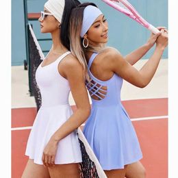 Women's Tracksuits Tennis dress one piece jumpsuit ultra-thin fitness golf badminton Skorts cross back track and field suit with chest pad yoga suit 240424