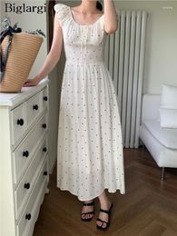 Casual Dresses Summer Sleeveless Polka Dot Print Dress Women Backless Fashion Sweet Ladies Korean Loose Ruffle Pleated Woman Long