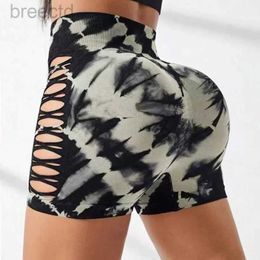 Active Shorts Seamless Tie Dye Shorts High Waist Fitness Shorts High Elastic Hip Liftting Workout Running Sexy Hollow Out Gym Yoga Tights d240426