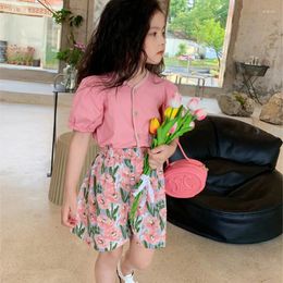 Clothing Sets Summer Baby Girls Cotton Pink Puff Sleeves Single-Breasted Shirt Tops Floral Shorts Pant Kids Tracksuit Child 2PCS Outfit