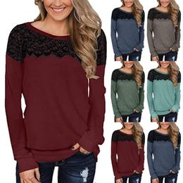 Women's T Shirts Fashion Lace Solid Color Round Neck Loose T-Shirt Top