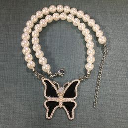 Hip Hop Butterfly Pearl Pendant Necklace Choker Clavicle Chain Women Men Jewellery