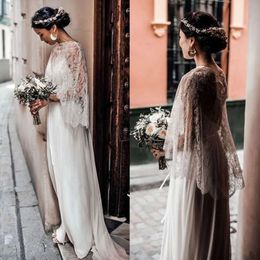 Wrap Lace Chiffon With Boho Dresses Wedding A-Line Spaghetti Straps Backless Long White Beach Bridal Gowns Simple Elegant Country Bride Dress