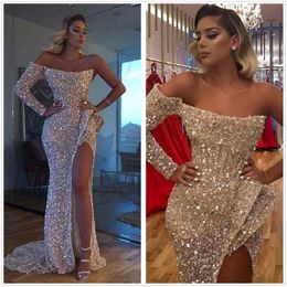 Shoulder Mermaid Sequins One Elegant Evening 2020 Flare Long Sleeves Ruched Split Sweep Train Formal Party Prom Dresses Bc3496