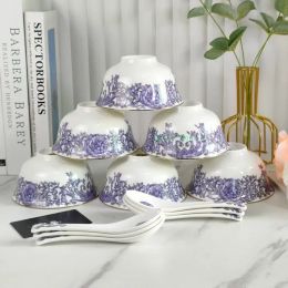 European Purple Bone Porcelain 6 Bowls and 6 Spoons Set Gift Box Home Premium Bone Porcelain Rice Bowl Small Soup Spoon As Gift