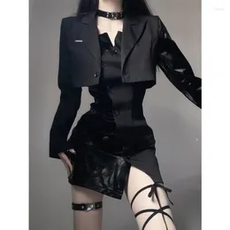 Work Dresses Vintage Black Blazer 2 Piece Dress Set Woman Elegant Short Tops Sexy Strap Y2k Mini Gothic Fashion Suit Slim 2024 Autumn