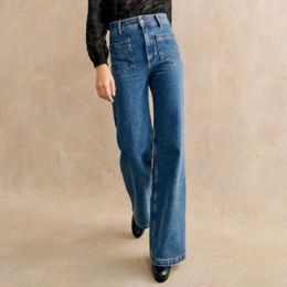 Women's Pants Retro Double Pocket Washed Dark Blue Jeans Women High Waist Slim Wide Leg