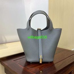 Picotin Leather Totes 18cm Wax Thread Hand Sewn Tc Top Layer Cowhide Vegetable Basket Bag Water Bucket Bag Genuine Leather Womens Bag Handbag have logo HB3QXG