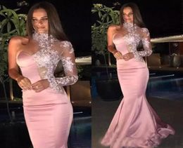 Sexy 2017 Evening Gowns Light Pink High Neck Prom Dresses With Applique One Shoulder Long Sleeves Custom Made Mermaid Formal Occas6079683