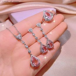 Wedding Jewelry Sets 925 silver high quality pink diamond drop-shaped pendant earrings ring female color treasure three-piece set party birthday gift H240426