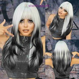Ladies Party Wig Siamese Cat Silver White Gradient Black Long Straight High Level Full Head Set