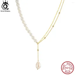 Chains ORSA JEWELS 14K Gold 925 Sterling Silver Double Layered Chain Natural Freshwater Pearl Pendant Necklace Jewellery For Women GPN54