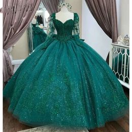 Длинные изумрудно -зеленая рукава оборки хрустальные платья Quinceanera Ball Gown Мимоч