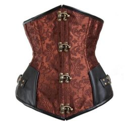 Women Gothic Steampunk Brown Black 12pcs Steel Boned Brocade Jacquard Underbust Corsets with PU Leather Patchwork Sexy Waist Cinch5051148