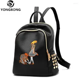 Backpack Style YONGBONG Fashion Rivet Pu Leather Women Embroidery School Bag For Teenage Girls Brand Ladies Backpacks Black Sac A Dos