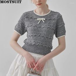 Women's Sweaters Grey Bowtie Sweater Women Knit Pullover T-shirts Stylish Fashion Elegant Chic Ladies Tops Tees 2024 Summer Short Sleeve