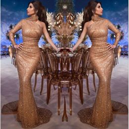 Mermaid Evening Dubai Sequins Arivic 2019 High Neck Long Sleeves Ruched Ruched Sweep Train Party Party Dresses BC1686