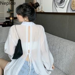 Shirt Neploe Korean Sunscreen Shirt Women 2023 Summer Clothes Fashion Bandage Blouses Elegant Loose Long Sleeve See Through White Tops