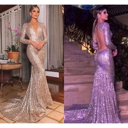 V Neck Sexy Deep Champange Sequined Mermaid Evening Backless Long Sleeve Floor Length Prom Party Dresses Custom Made Bc