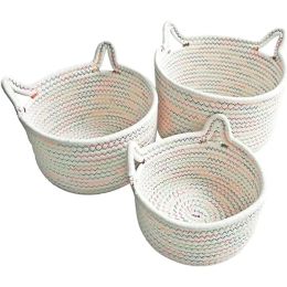 Baskets Woven Basket | Mini Storage| Storage Basket Set | Cute Round Cat Ear Basket for Desk Organisation | Cotton Rope Woven Basket