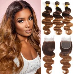 Wigs Ombre Body Wave Bundles With Closure Brazilian Human Hair Weave Bundles With Closure T4/30 Colored Bundles With Lace Closure