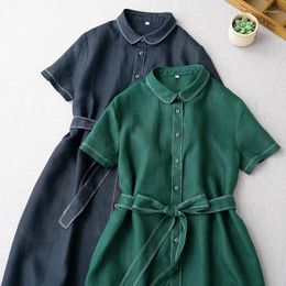 Party Dresses Summer Women Brief Casual Loose Comfortable Natural Breathable Water Washed Linen Shirt W/h Belt