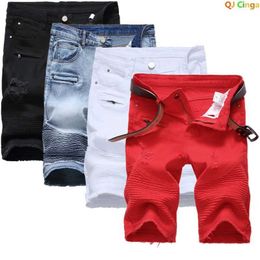 Men's Jeans New mens summer 2023 denim shorts pleated and hole decorated shorts mens blue white black and red denim shortsL2405