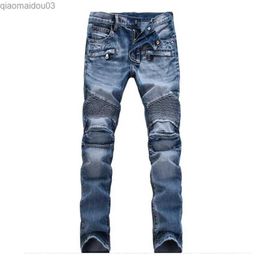Herren Jeans Europa und Amerika Falten Sie Reißverschluss Motorrad -Schneeflocken -Jeans hochwertige Plus -Size -Verkäufe Neue Herren Jeans Denim Plus Sizel2404