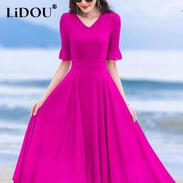 Party Dresses Summer V-neck Elegant Fashion Ruffles Beach Holiday Midi Dress Female Half Sleeve Waist Robe Women Solid Colour Chiffon