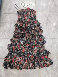 Casual Dresses Women Bohemian Style Strapless Retro Flower Print Multi-layer Ruffle Midi Cake Dress