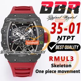 BBR 35-01 RMUL3 Mechanical Hand-winding Mens Watch NTPT Carbon fiber Case Skeleton Dial Red Natural Rubber Strap Super Edition Sport Trustytime001 Wristwatches